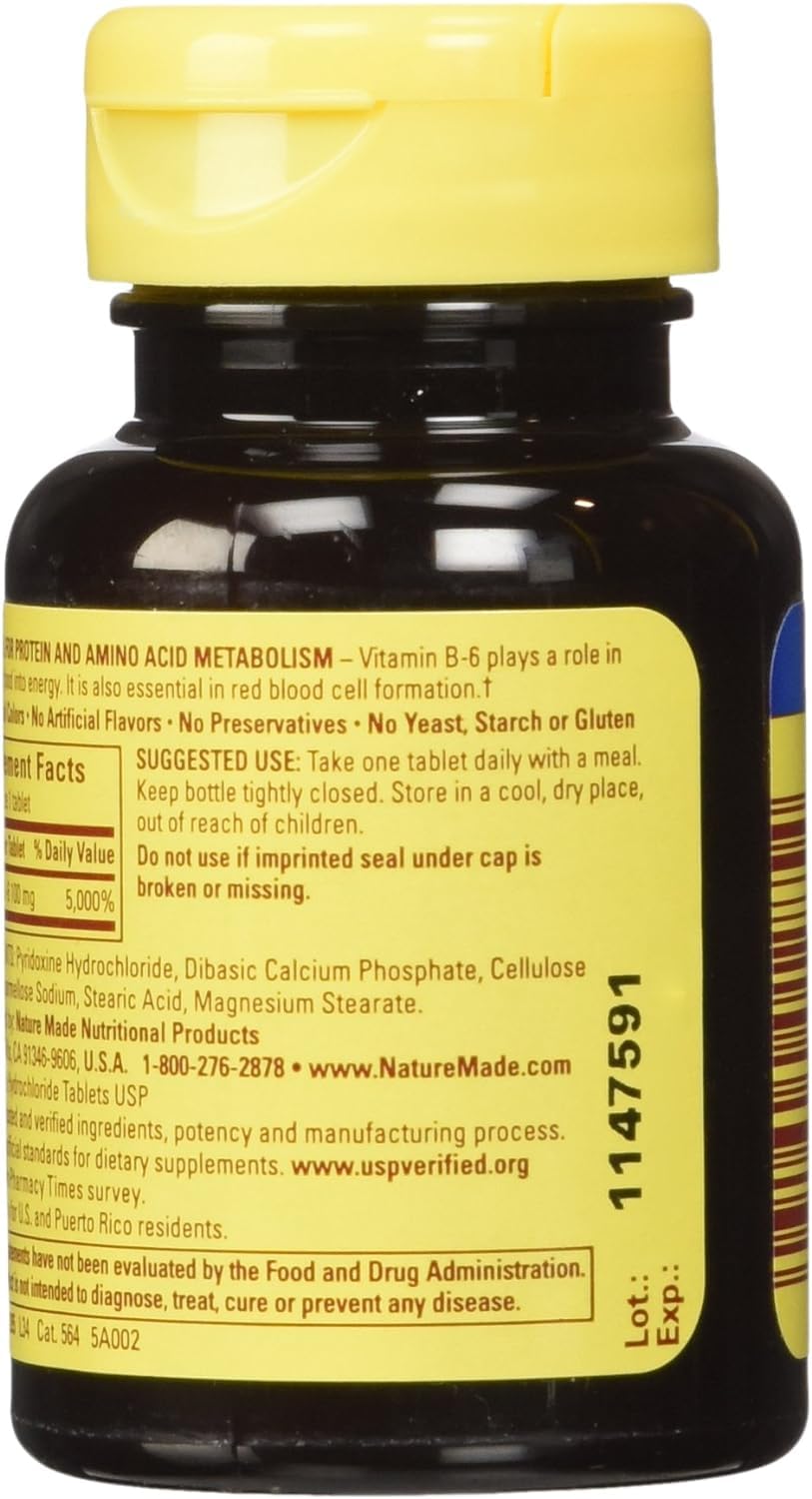 Two Nature Made Vitamin B-6 100 mg bottles pack of 2 for convenience.
