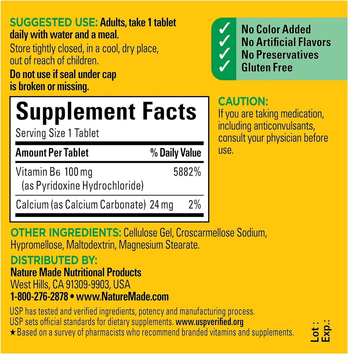 Close-up of Nature Made Vitamin B-6 100 mg tablets for daily energy.