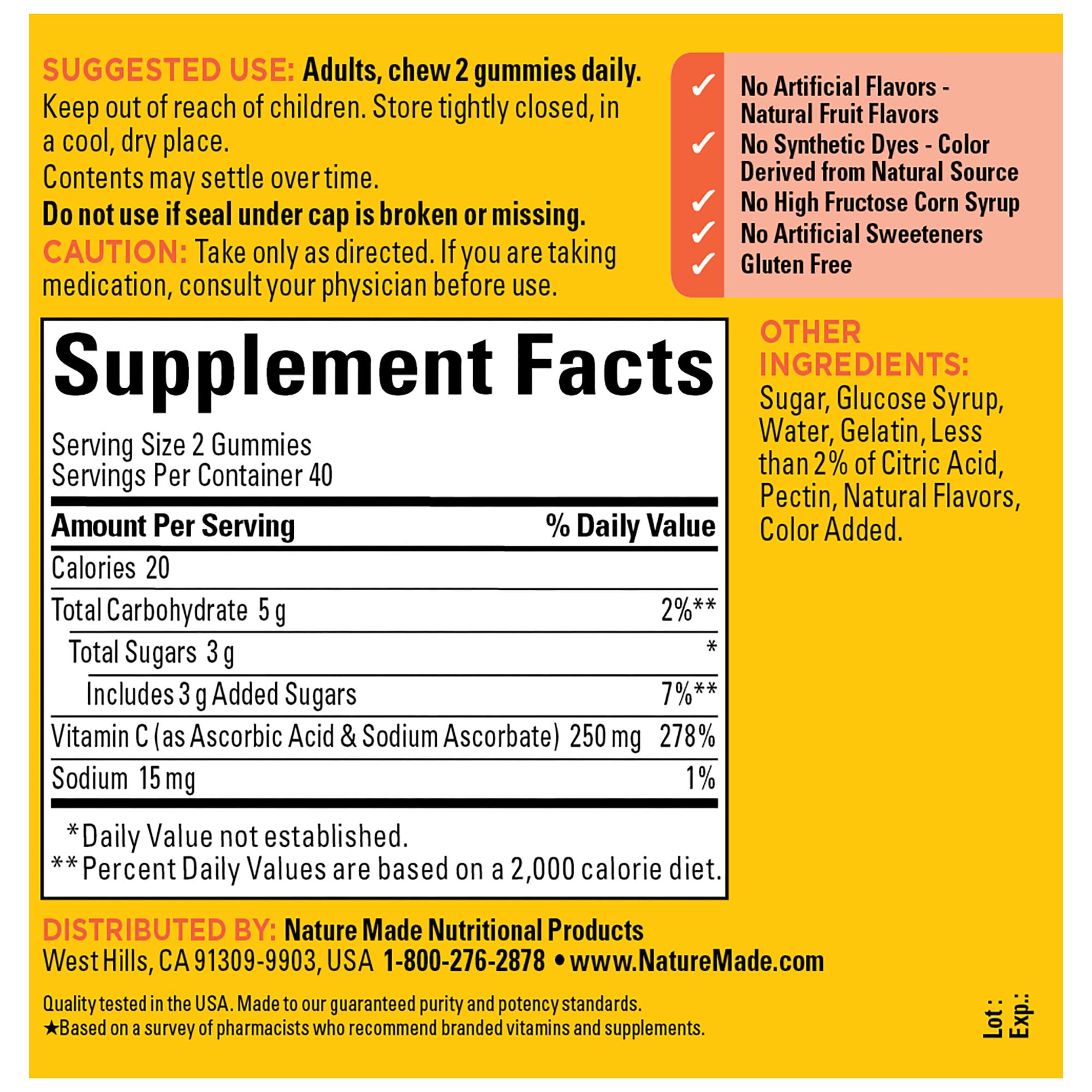 Gluten-free Nature Made Vitamin C gummies suitable for sensitive diets.