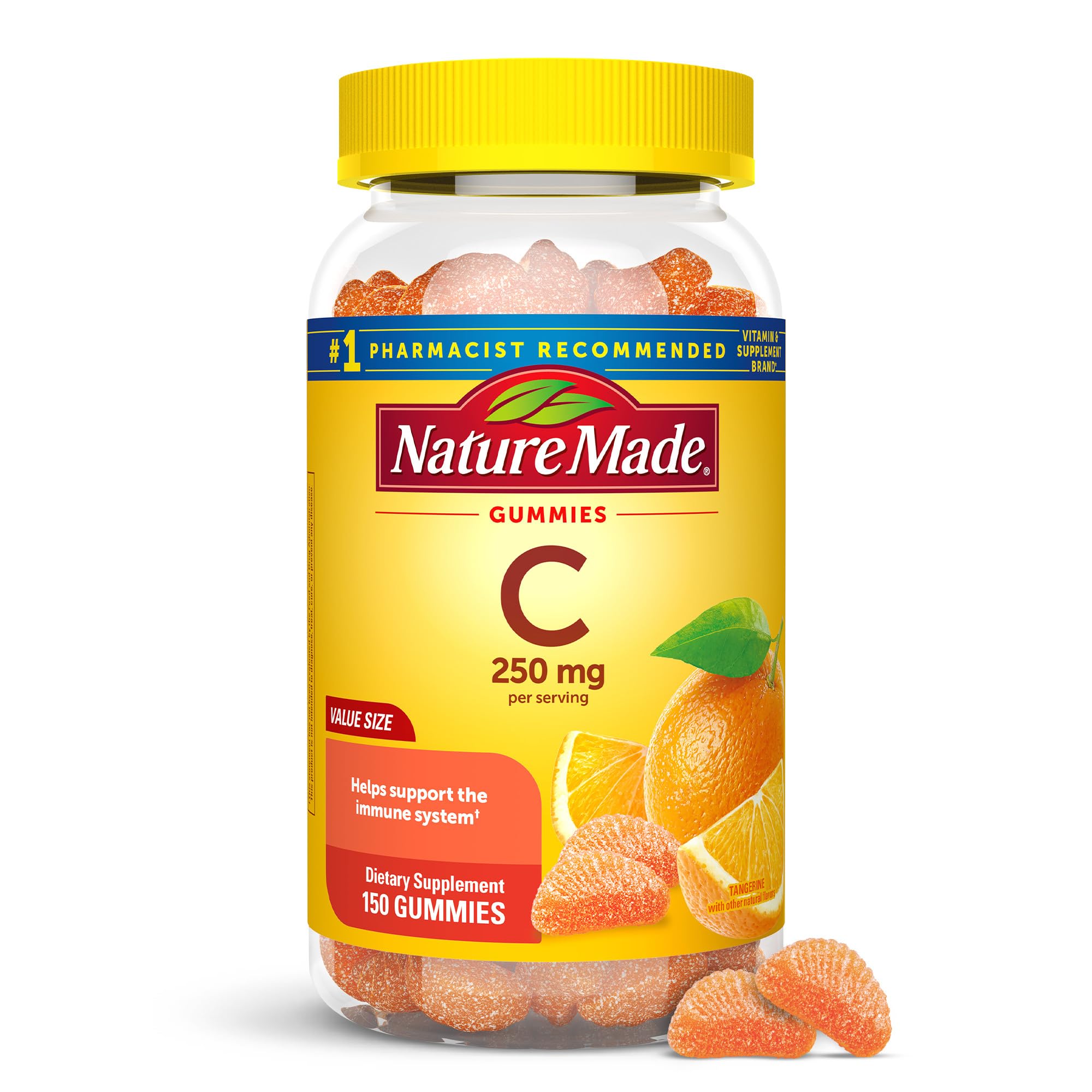Nature Made Vitamin C Gummies bottle shows a 150-count supply for immune support.