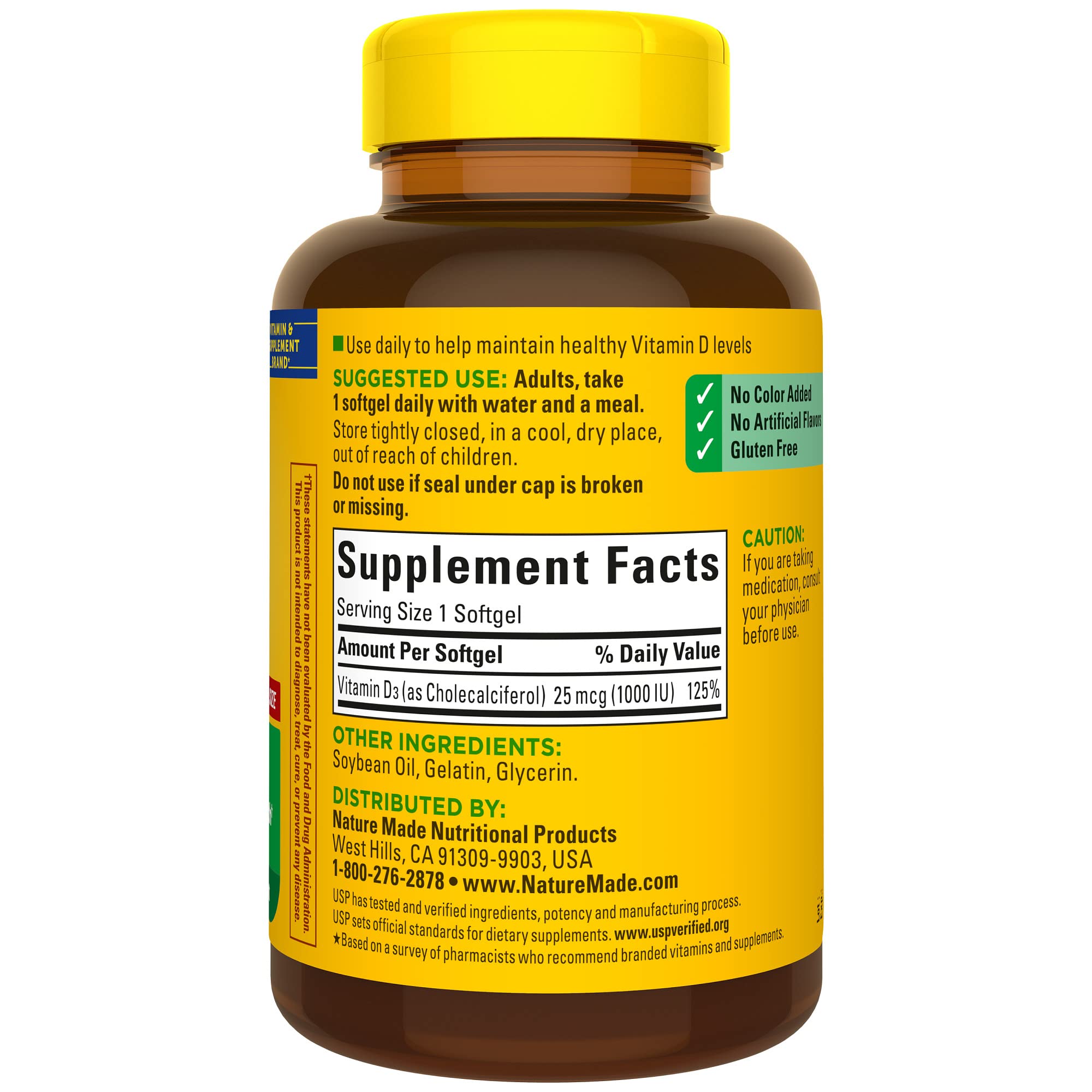 Nature Made Vitamin D3 softgels in pharmacist-recommended packaging imply trust.