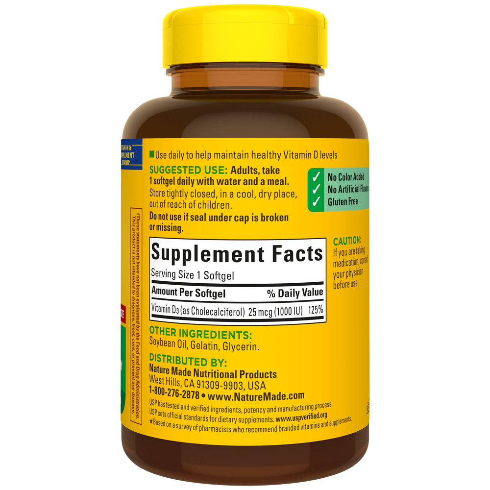 Nature Made Vitamin D3 softgels in pharmacist-recommended packaging imply trust.