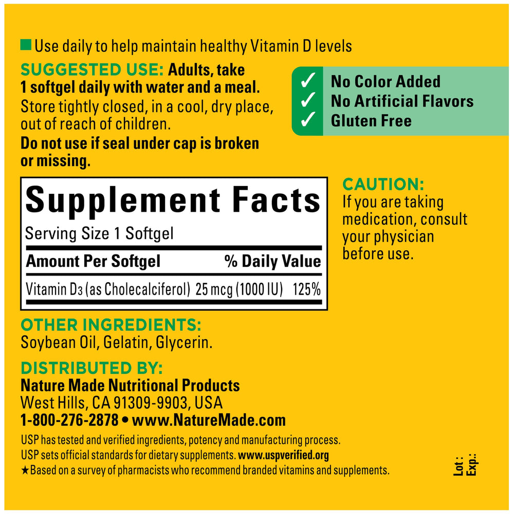 Nature Made Vitamin D3 1000 IU bottle features 300-count supply for convenience.