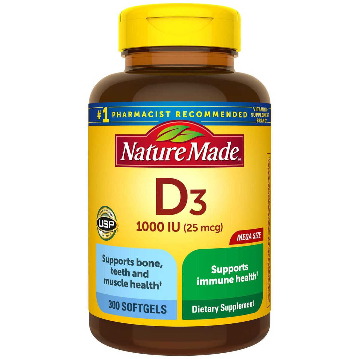 Nature Made Vitamin D3 1000 IU softgels bottle highlights daily immune and bone support.