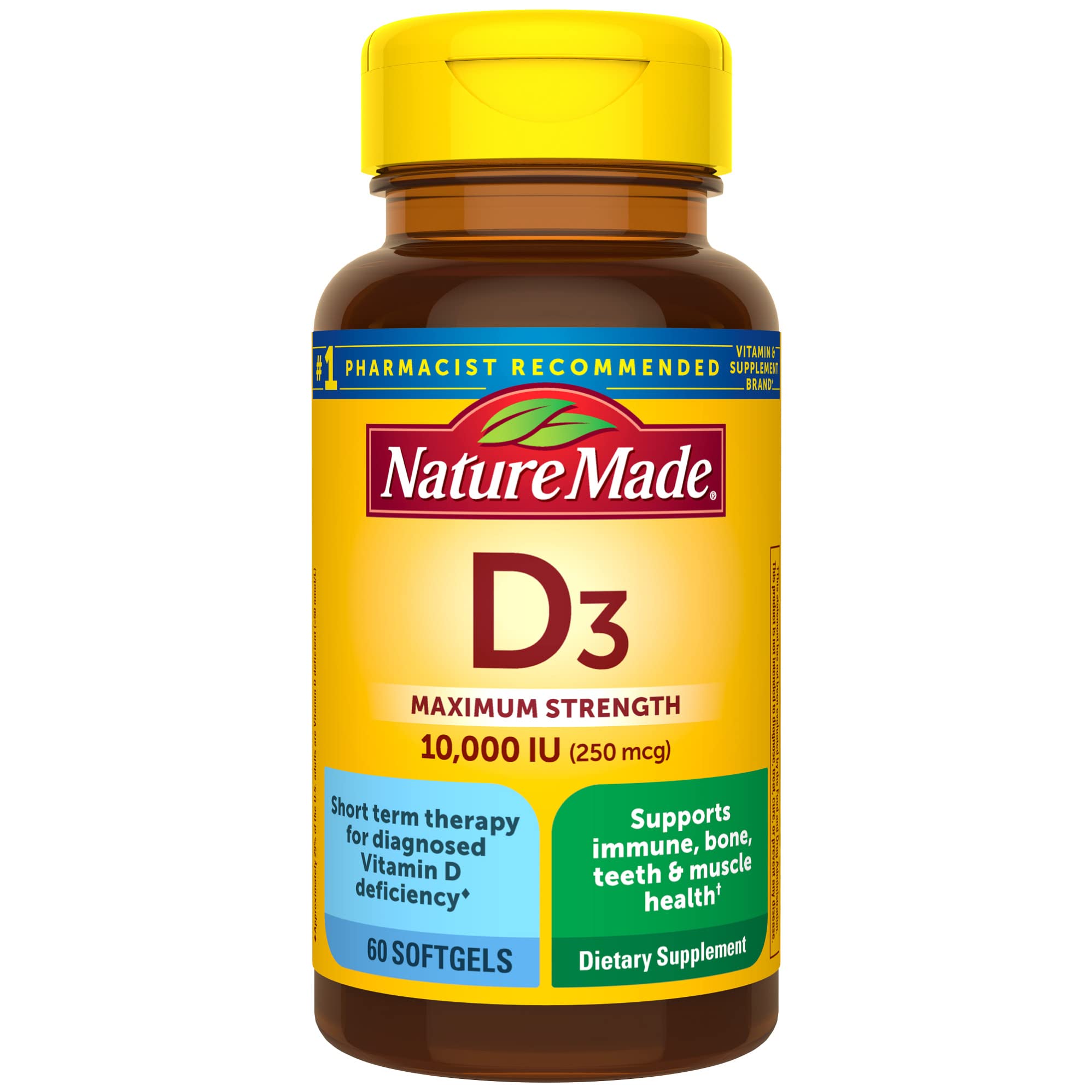 Nature Made Vitamin D3 10000 IU softgel bottle for daily bone and immune support.