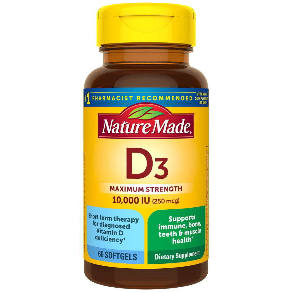 Nature Made Vitamin D3 10000 IU softgel bottle for daily bone and immune support.