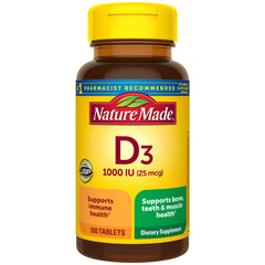 Nature Made Vitamin D3 1000 IU bottle close-up highlighting calcium and immune health support