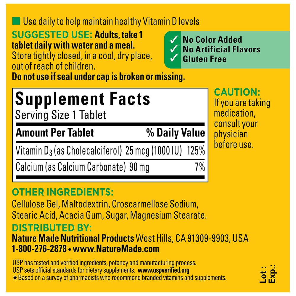 Nature Made Vitamin D3 bottle with glass, convenient for everyday calcium absorption