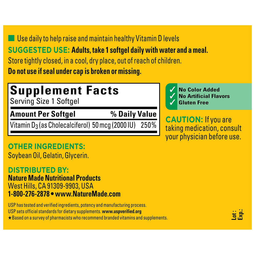 Nature Made Vitamin D3 2000 IU softgels capsule closeup shows texture