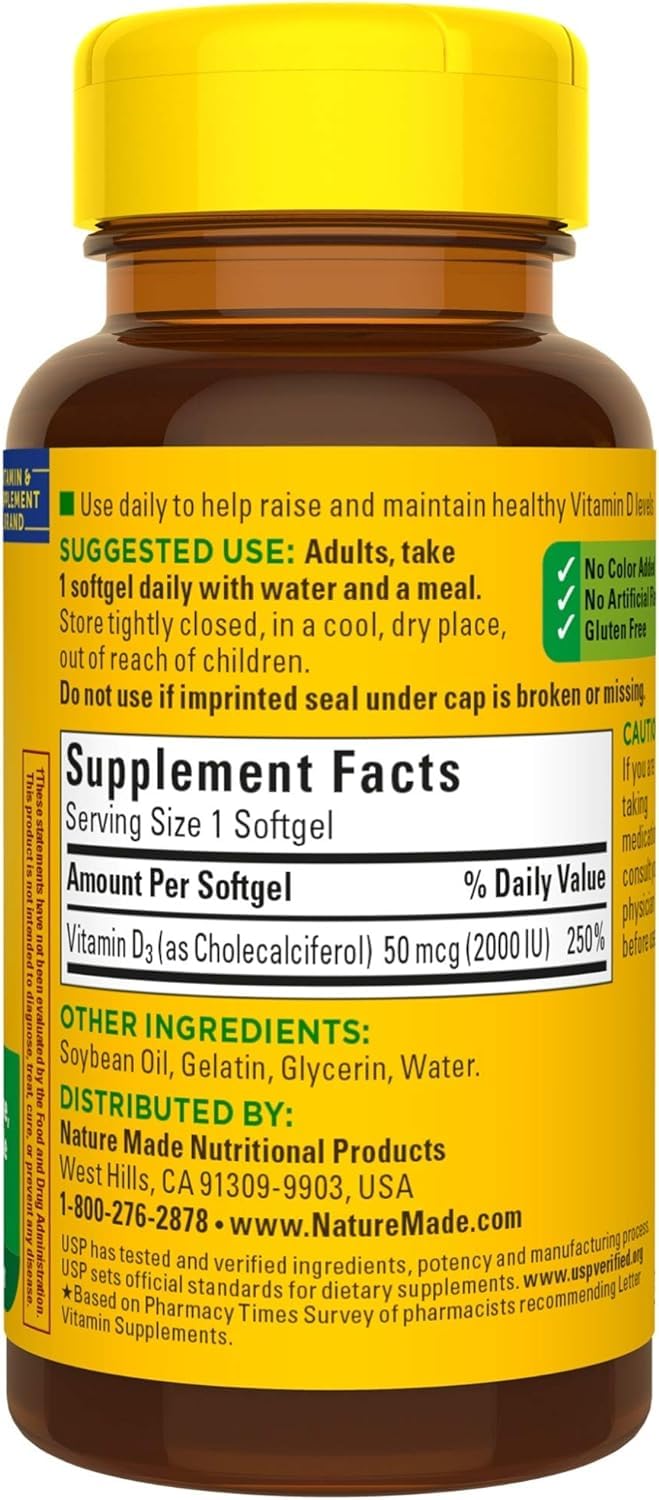 Nature Made Vitamin D3 2000 IU softgels USP seal close-up reinforces trusted quality.