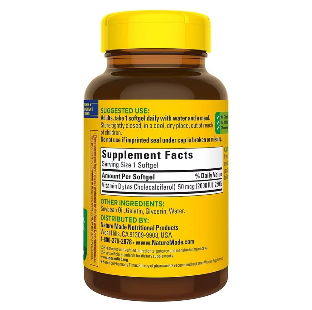 Nature Made Vitamin D3 2000 IU softgels closeup showing softgel capsules for bone health.