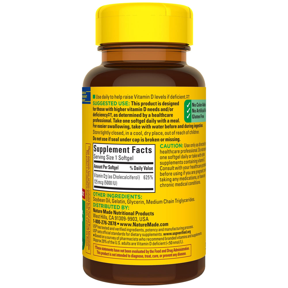 Nature Made Vitamin D3 5000 IU softgels; gluten-free, no artificial flavors.