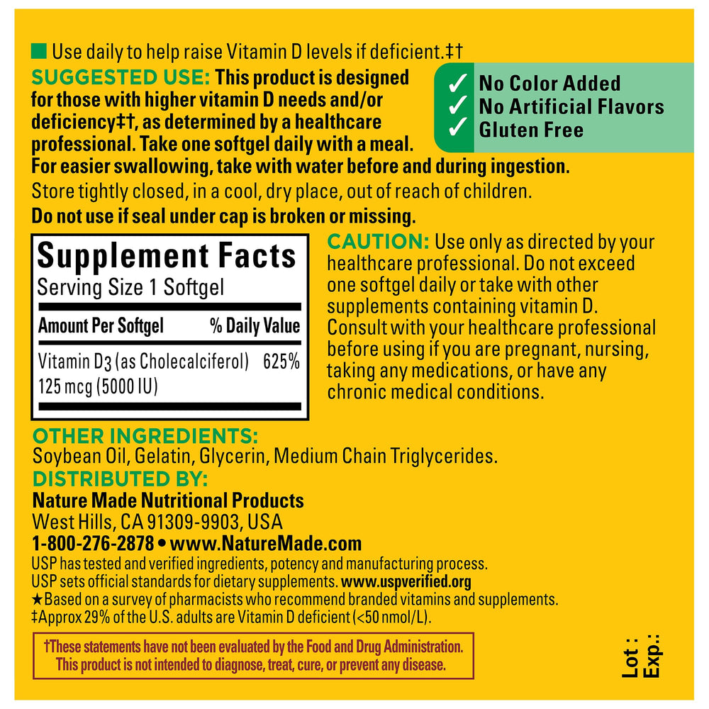 Nature Made Vitamin D3 5000 IU bottle; gluten-free with no color added.