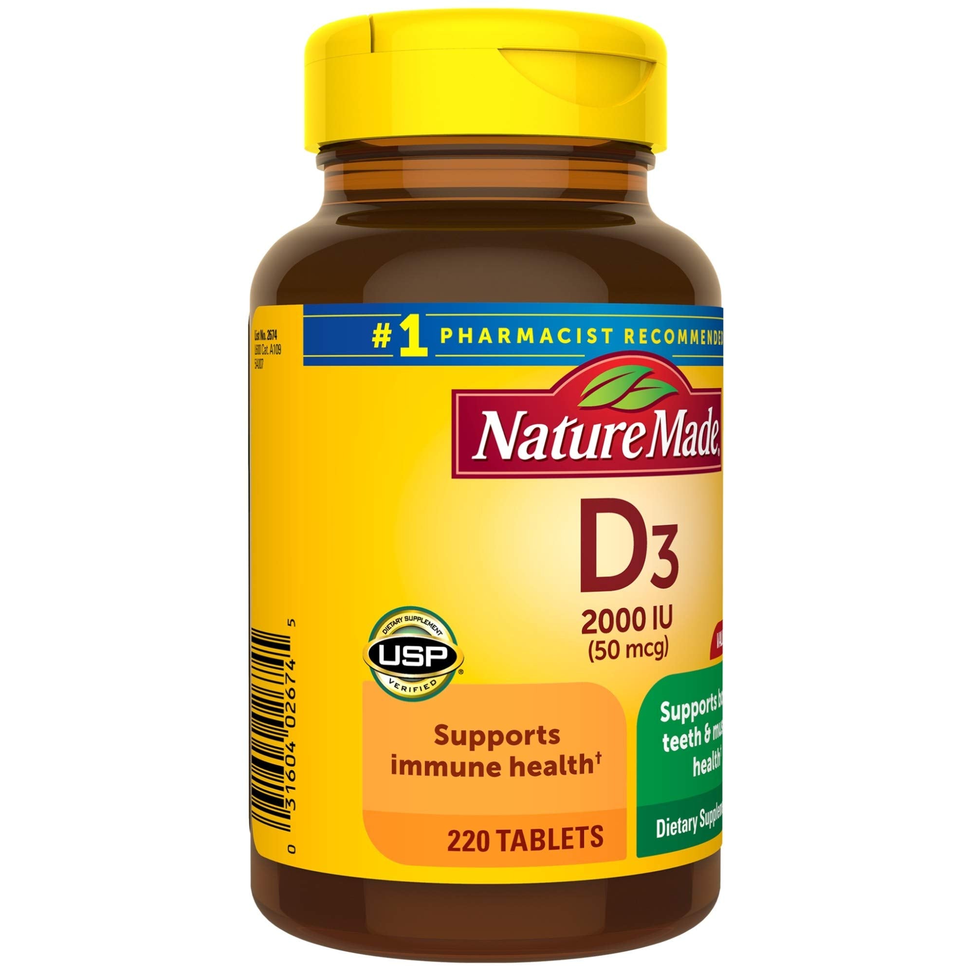 Nature Made Vitamin D3 bottle pictured beside a glass of water.