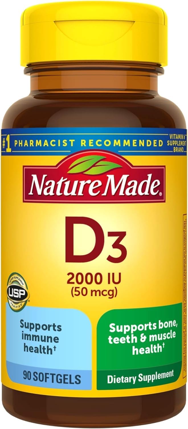 Nature Made Vitamin D3 bottle pouring softgels for immune support.