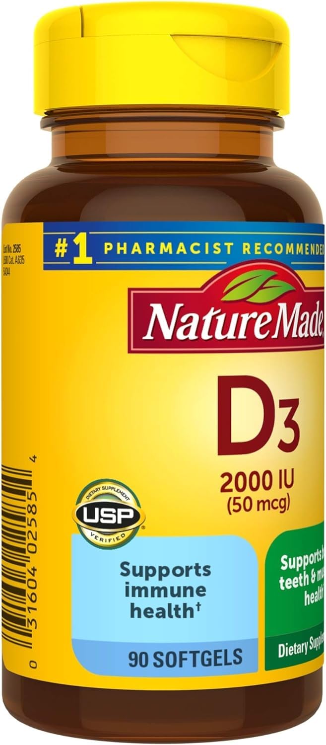 Nature Made Vitamin D3 bottle with meal to aid calcium absorption.