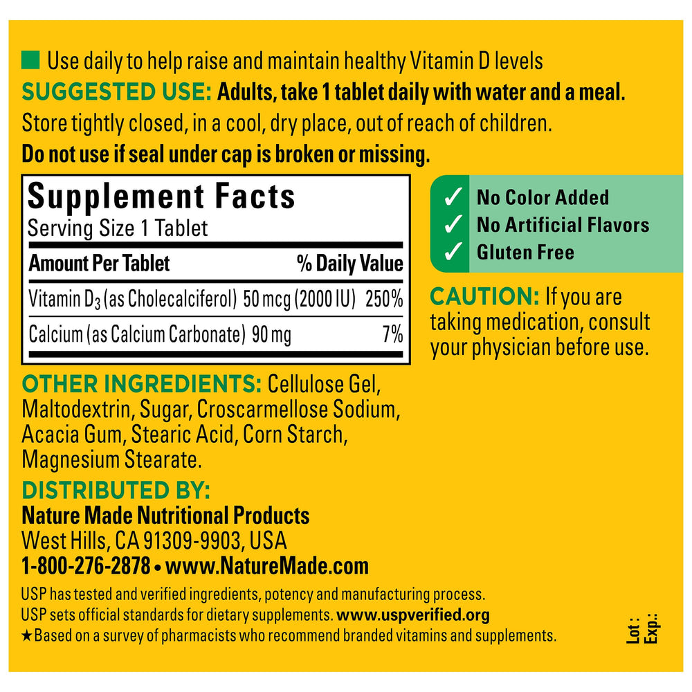 Nature Made Vitamin D3 daily-use tablets ready with a meal