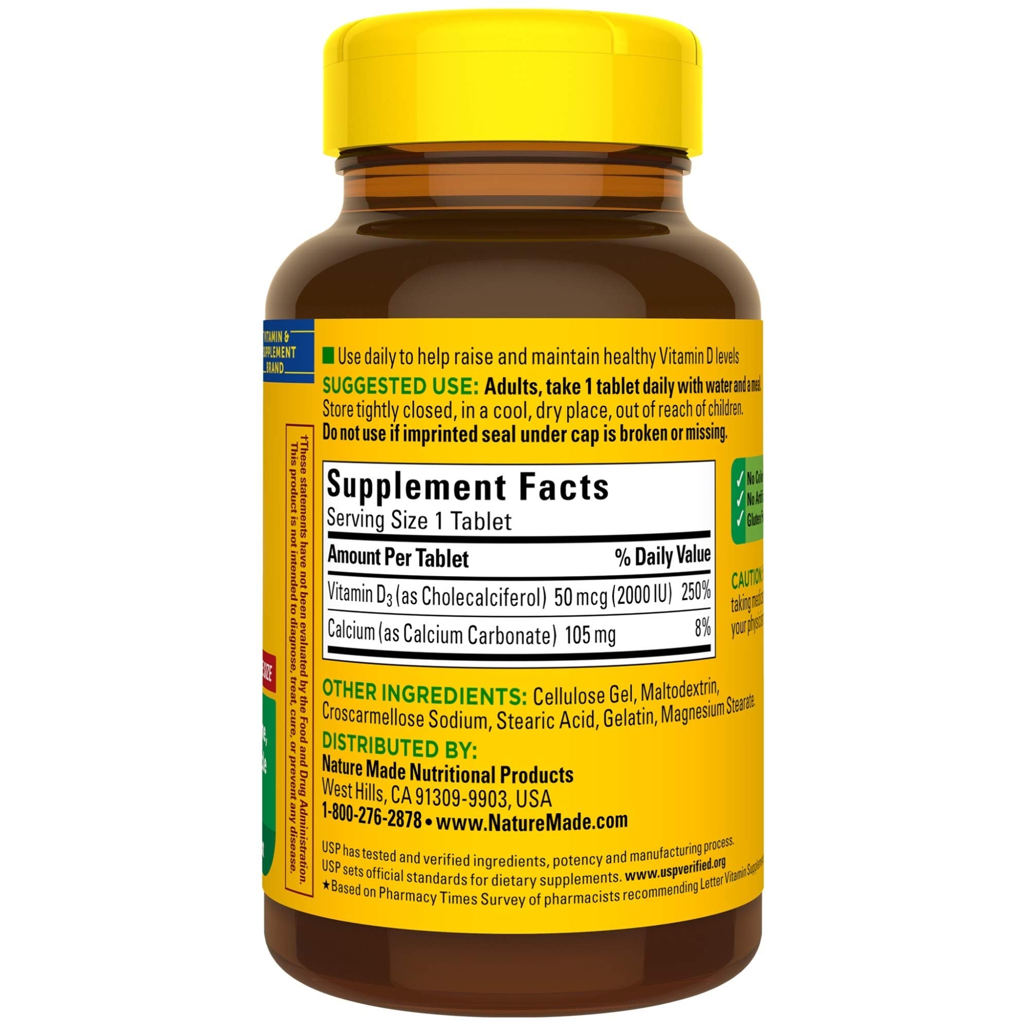 Nature Made Vitamin D3 bottle close-up of dosage and ingredients.