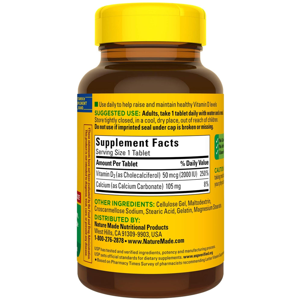 Nature Made Vitamin D3 bottle close-up of dosage and ingredients.