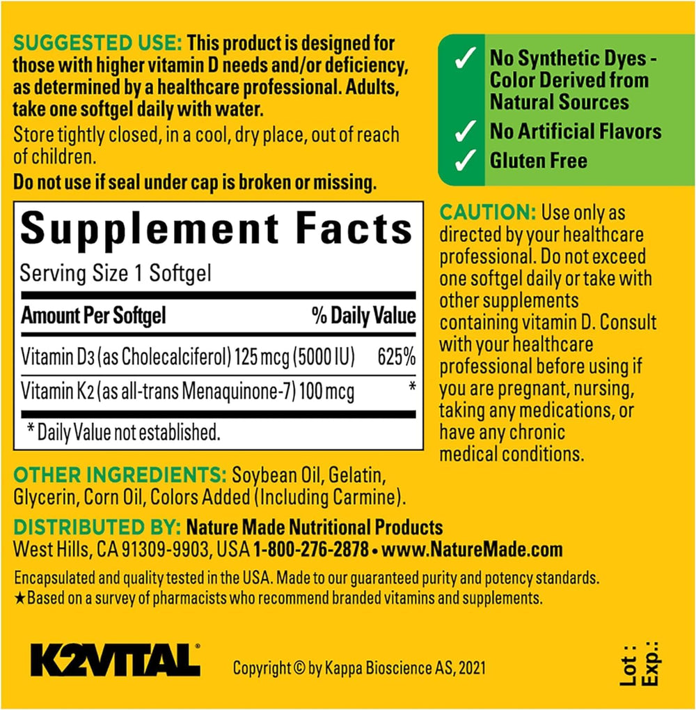 Nature Made D3 K2 glass with softgels ready for daily intake