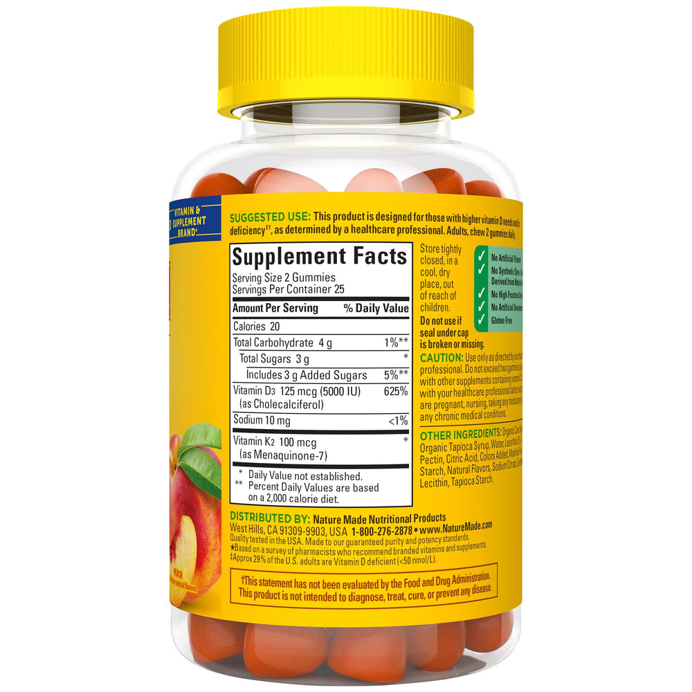 Nature Made Vitamin D3 K2 Gummies packaging back view with 25-day supply