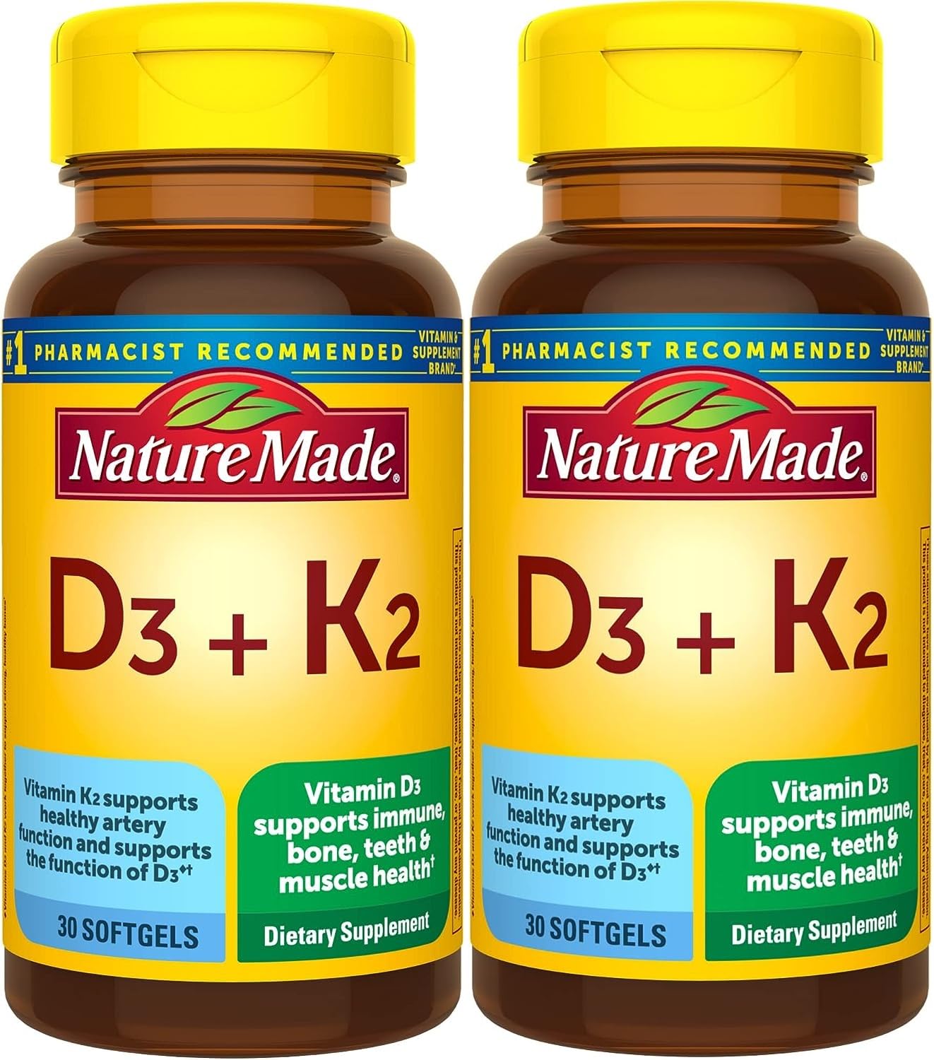Nature Made Vitamin D3 K2 pack of 2 bottles front view for daily supplementation