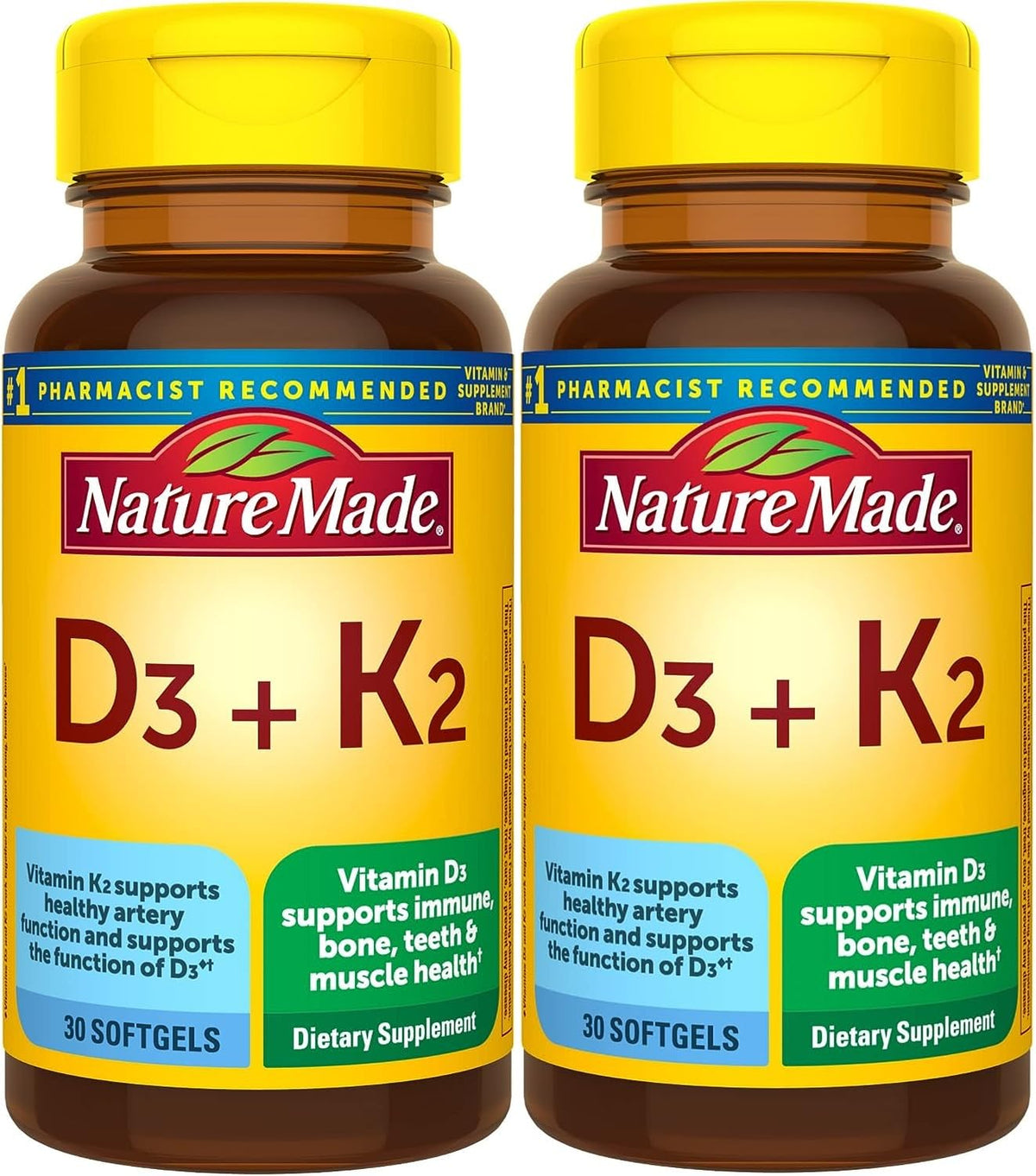 Nature Made Vitamin D3 K2 pack of 2 bottles front view for daily supplementation