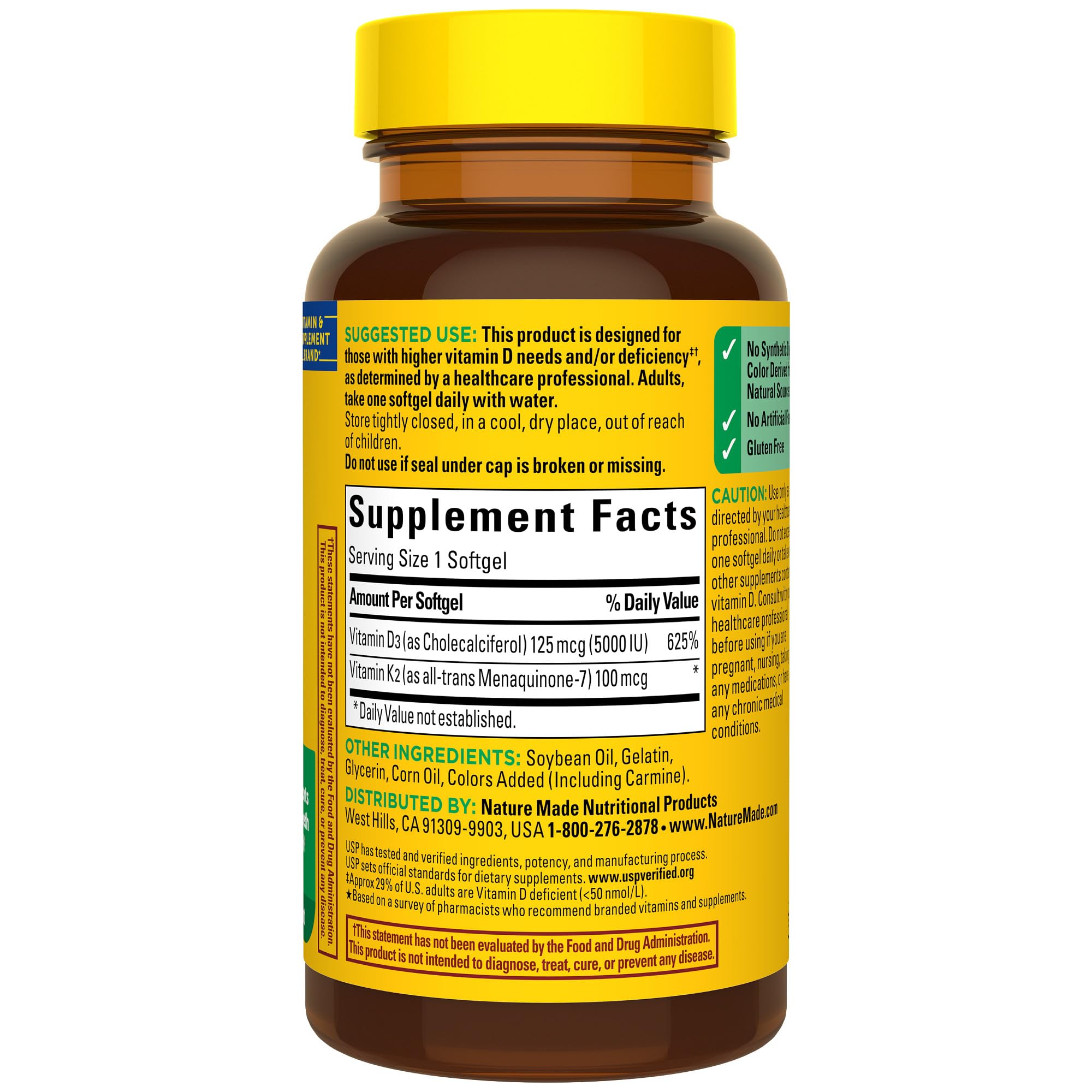 Nature Made Vitamin D3 K2 softgels color from natural sources on bottle