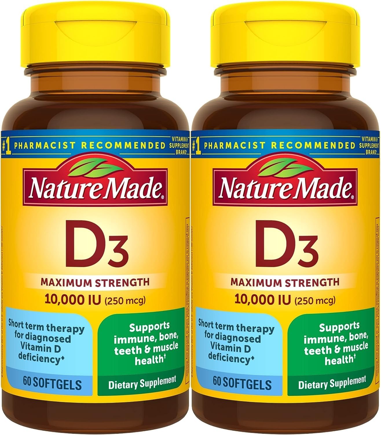 Nature Made Vitamin D3 softgel bottle showing maximum strength for bone and immune support
