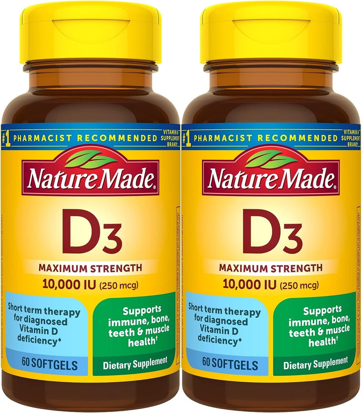Nature Made Vitamin D3 softgel bottle showing maximum strength for bone and immune support