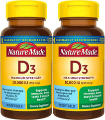 Nature Made Vitamin D3 softgel bottle showing maximum strength for bone and immune support