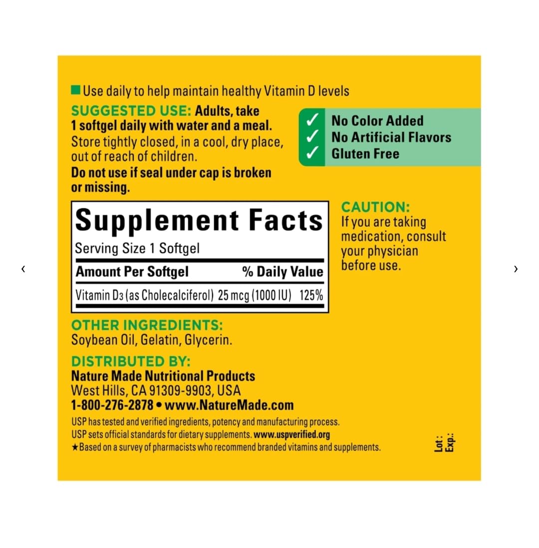 Nature Made Vitamin D3 softgel close-up label for purity and quality