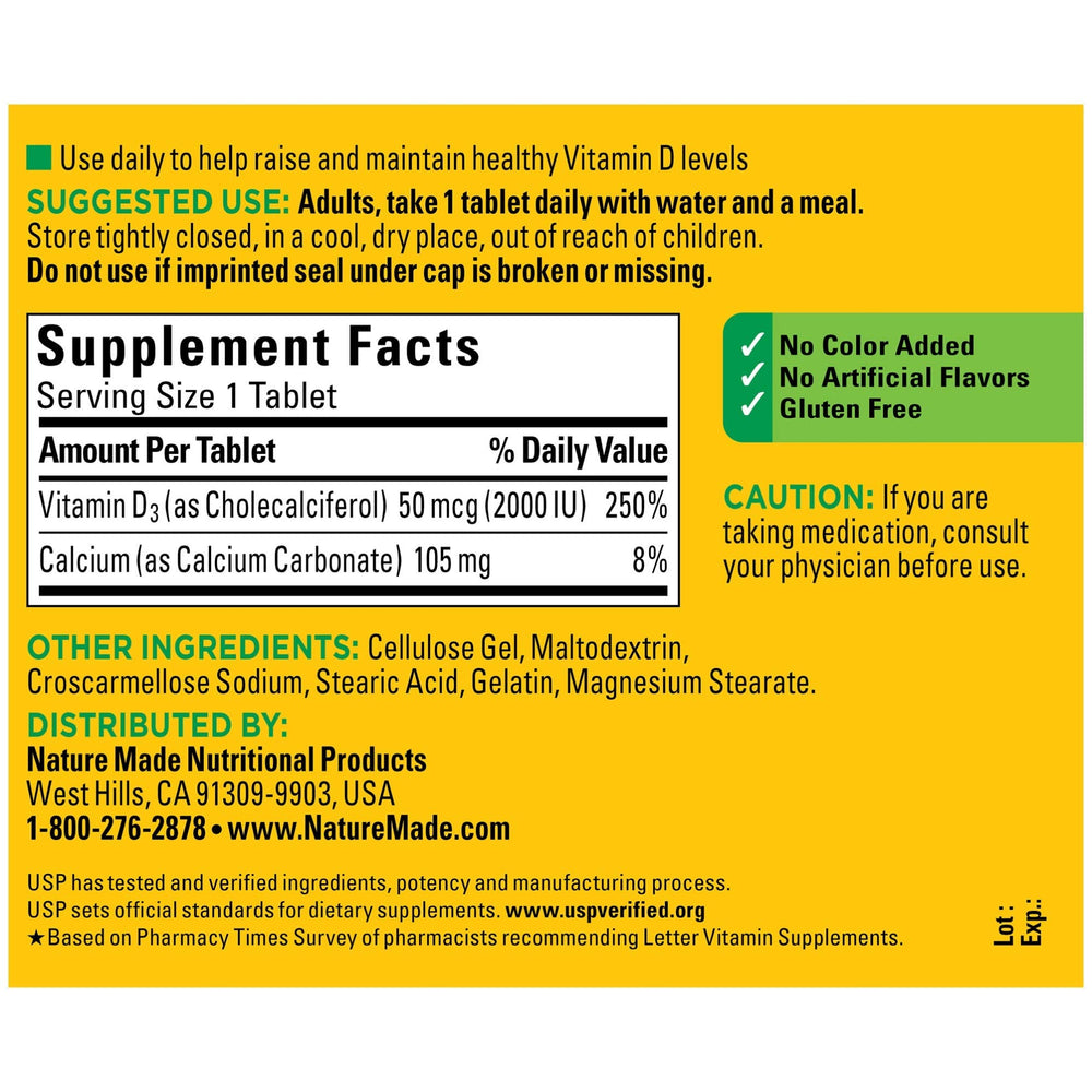 Nature Made Vitamin D3 tablets close-up showing 2000 IU dosage.