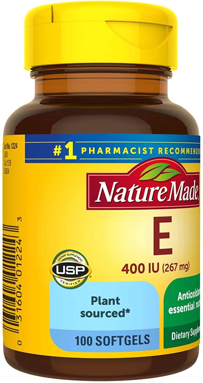 Close-up of Nature Made vitamin E 400 IU softgels bottle label highlighting plant-sourced formula