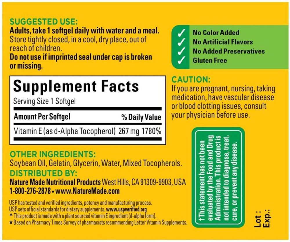 Gluten-free label on Nature Made Vitamin E 400 IU softgels packaging