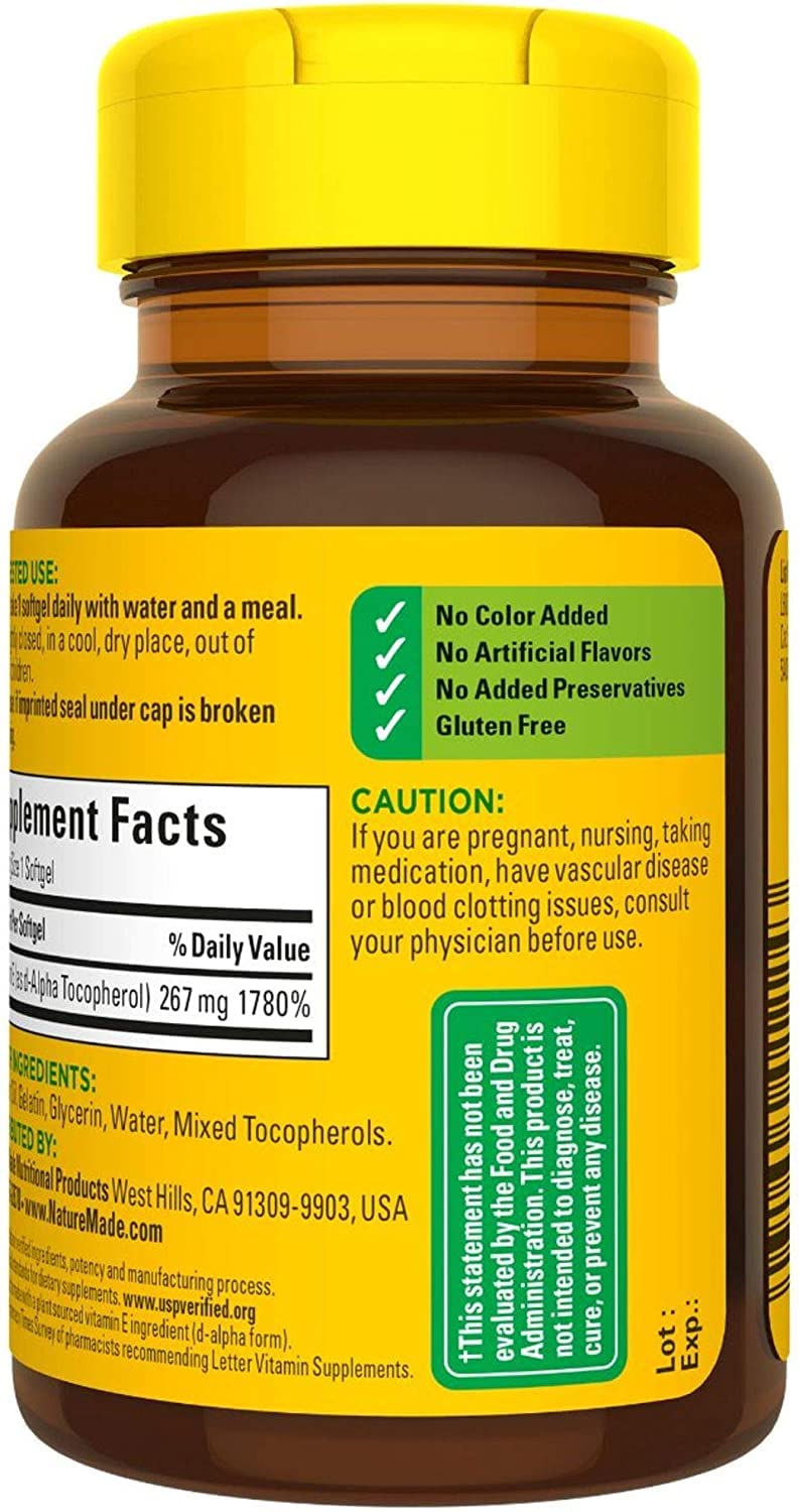 No color added and preservative-free label on Nature Made Vitamin E packaging