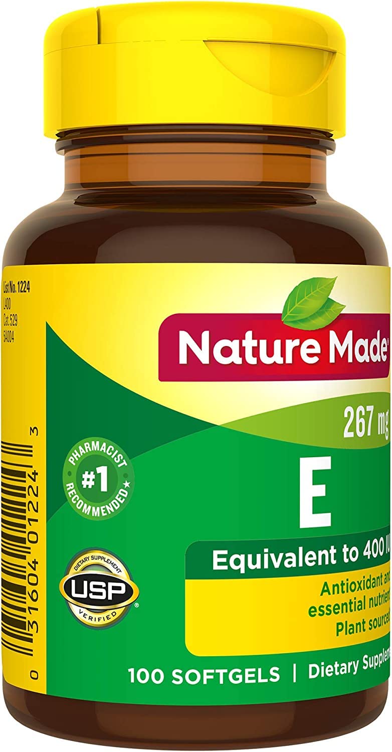 Inside view of Nature Made Vitamin E softgels packaging for 100-count bottles