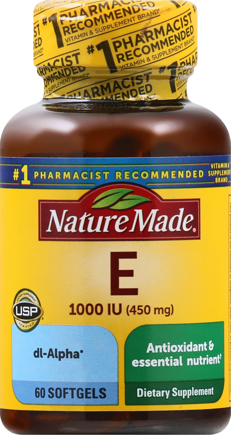 Nature Made Vitamin E 450 mg softgel bottle—gluten-free essential nutrient for daily use.
