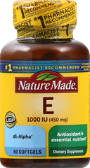 Nature Made Vitamin E 450 mg softgel bottle—gluten-free essential nutrient for daily use.