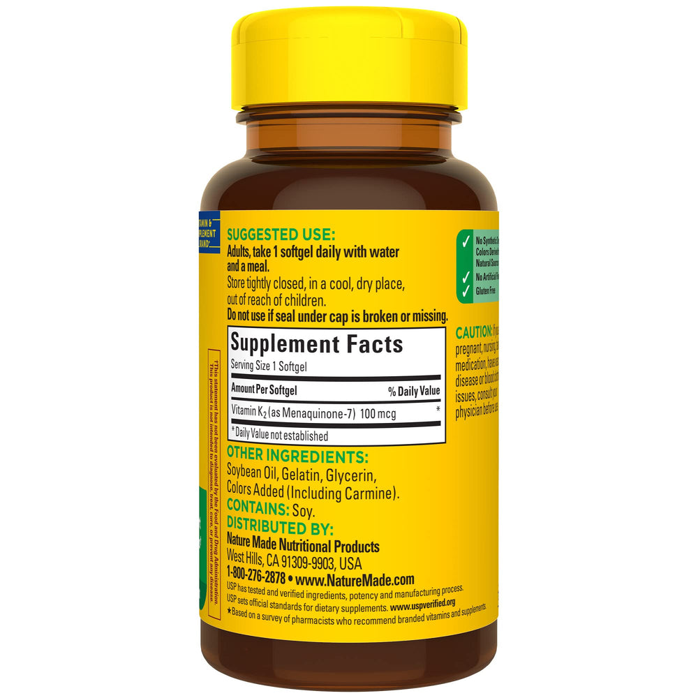 Nature Made Vitamin K2 ingredients panel MK7 form.
