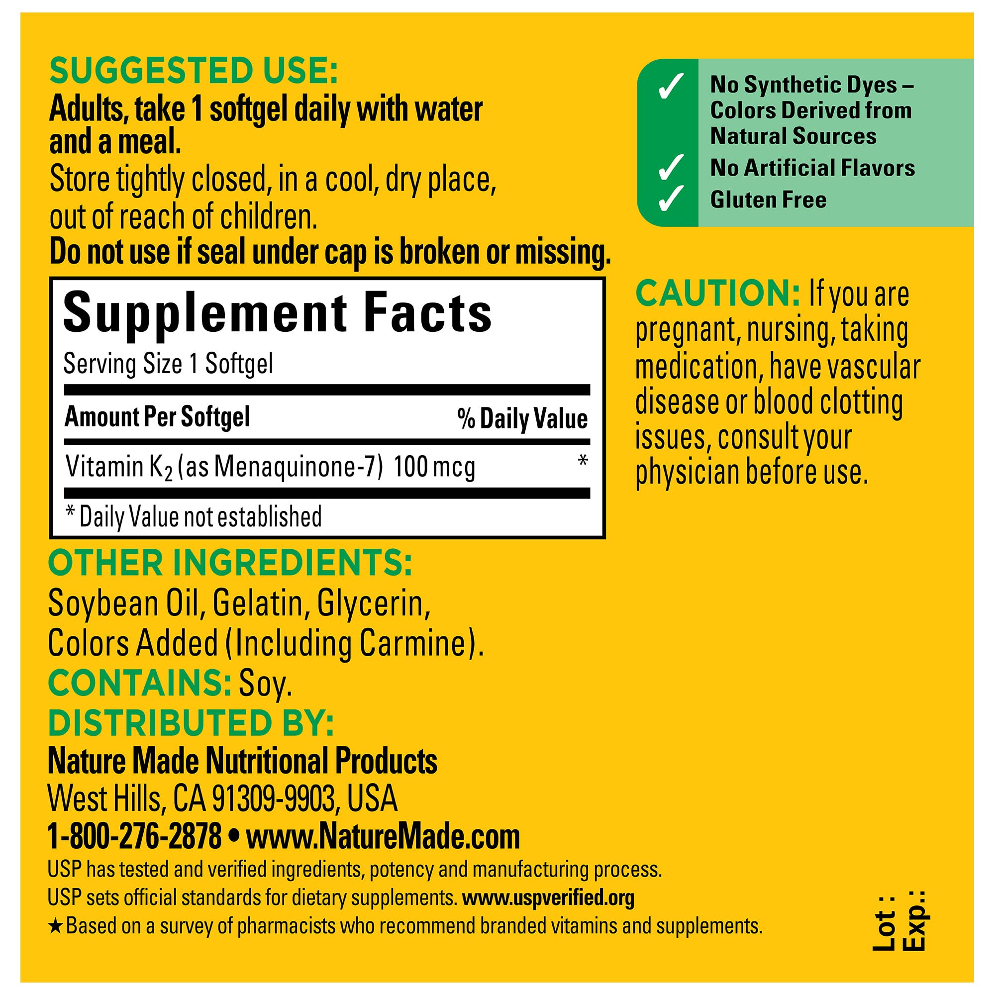 Nature Made USP Verified seal on Vitamin K2 package.