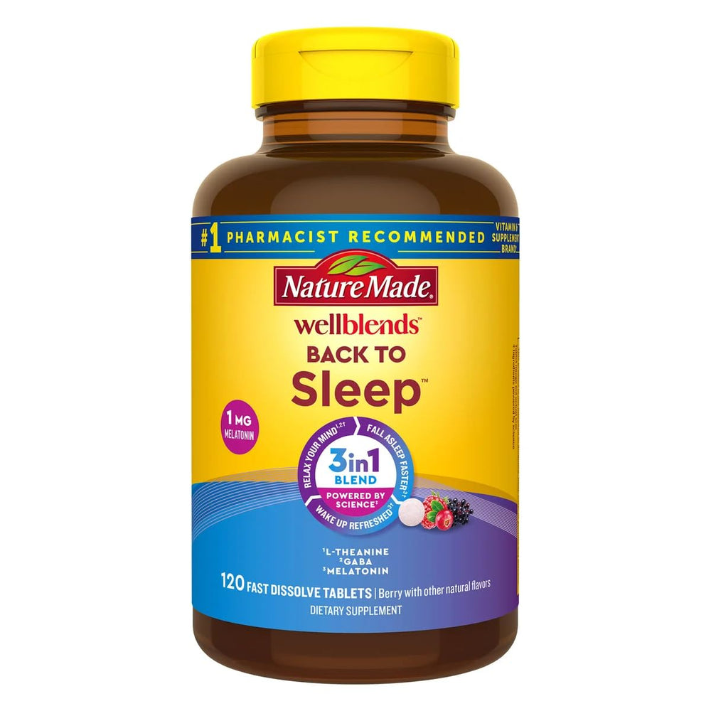 Nature Made Wellblends Back to Sleep tablets close-up showing label and texture