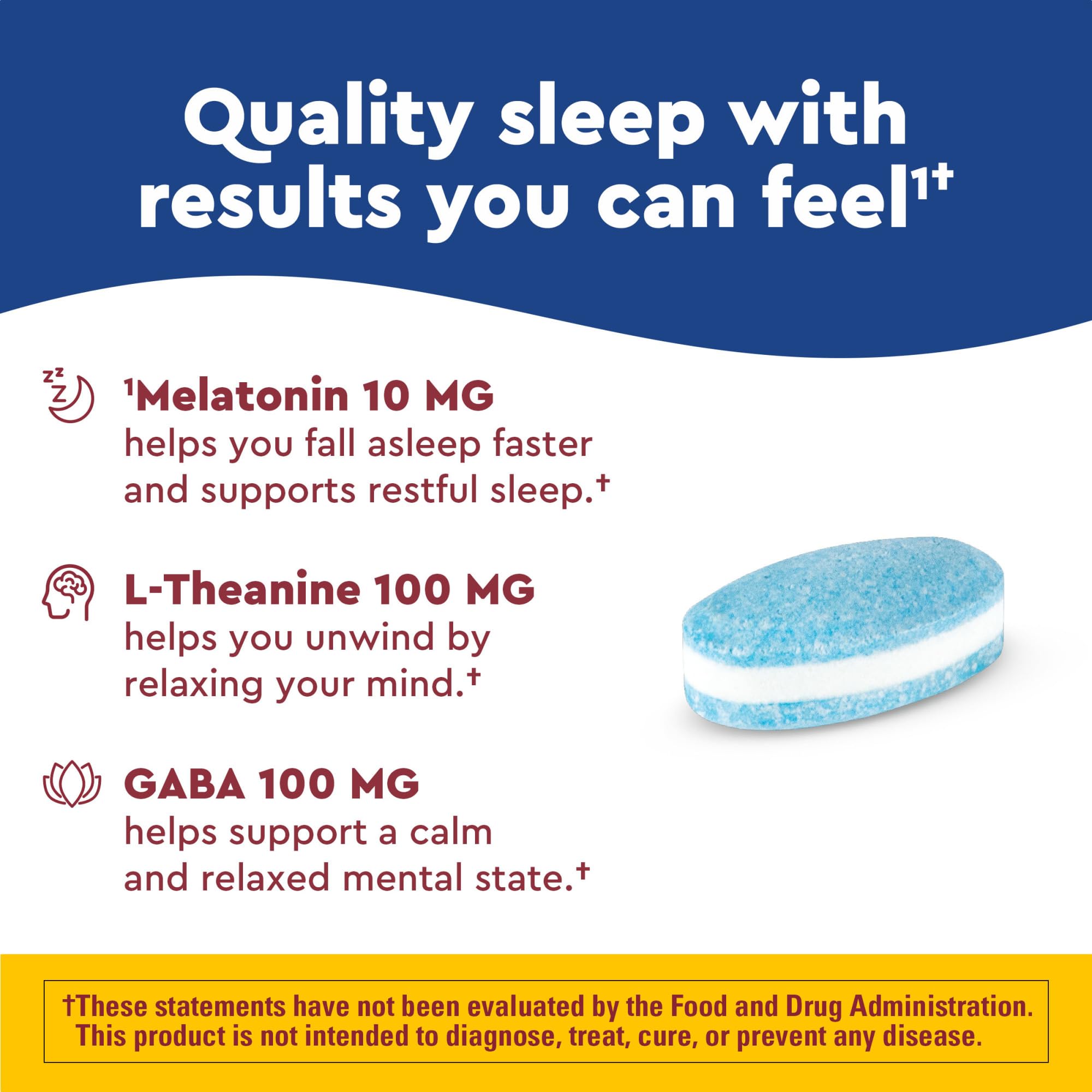 Nature Made Wellblends Sleep Longer tablets close-up shows 10 mg time-release melatonin.