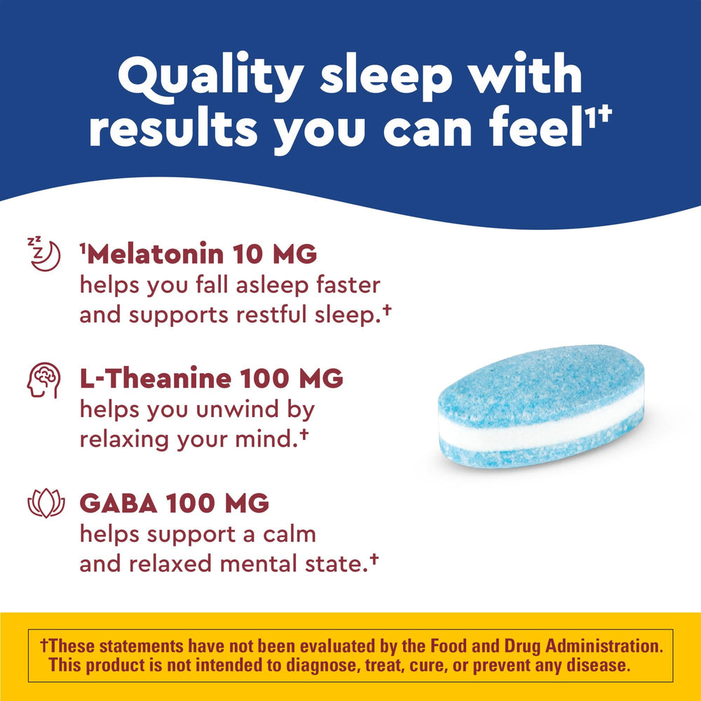 Nature Made Wellblends Sleep Longer tablets close-up shows 10 mg time-release melatonin.