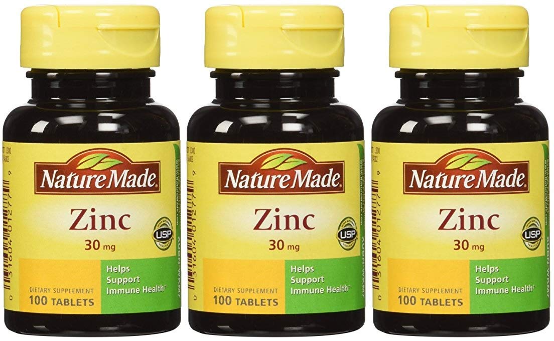 Nature Made Zinc 30 mg, frente del envase, ideal para la ingesta diaria.