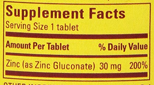 Close-up of Nature Made Zinc 30mg label detailing ingredients.