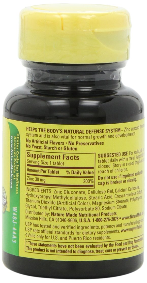 Nature Made Zinc 30mg bottle with label visible for easy reference.