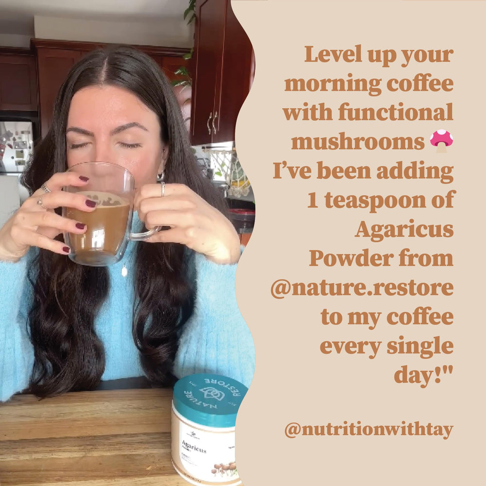 Nature Restore powder integrates into coffee or morning beverages smoothly.