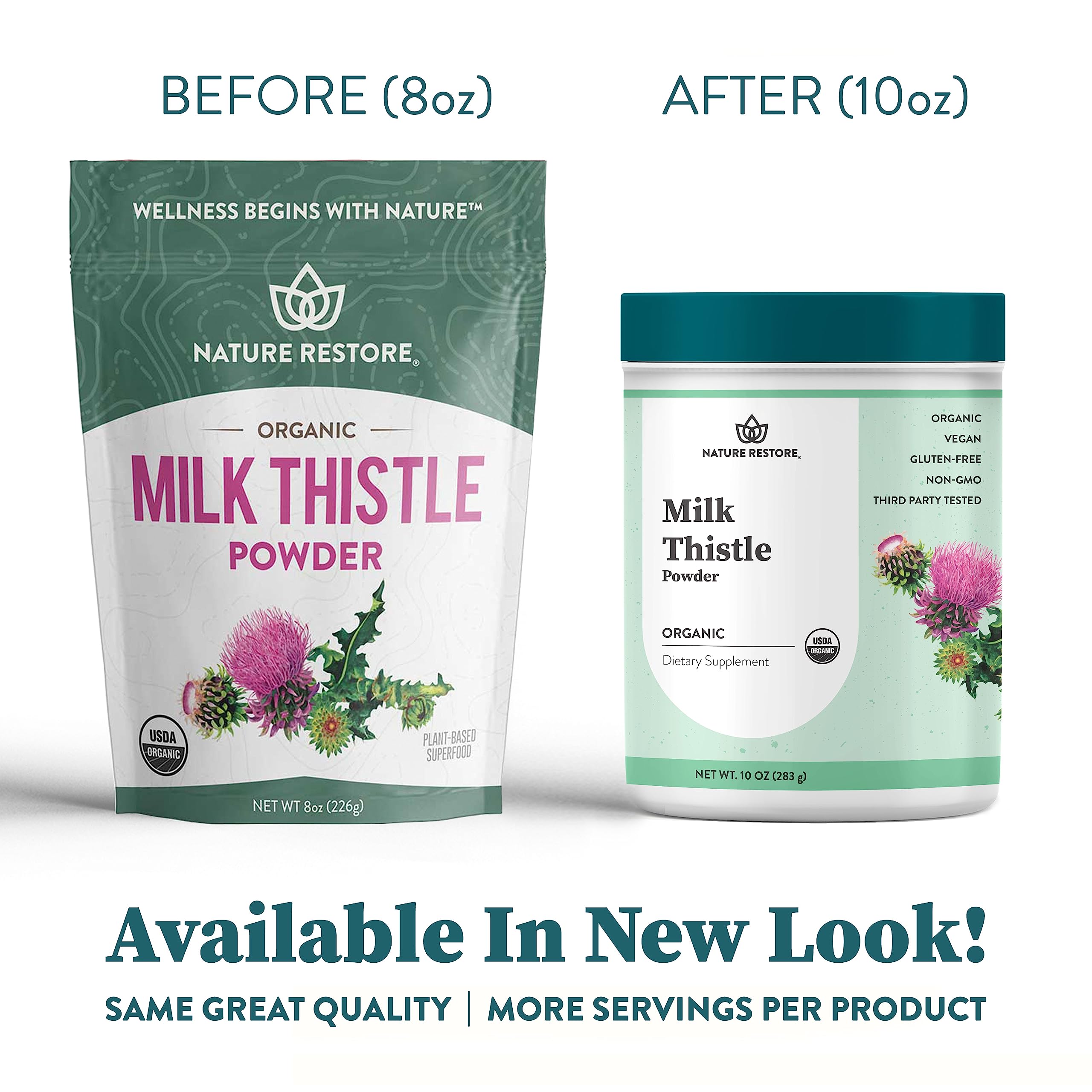 Nature Restore Milk Thistle Seed Powder label emphasizes USDA organic certification.