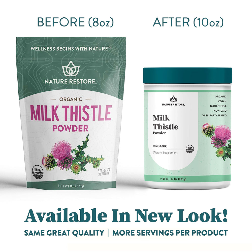 Nature Restore Milk Thistle Seed Powder label emphasizes USDA organic certification.